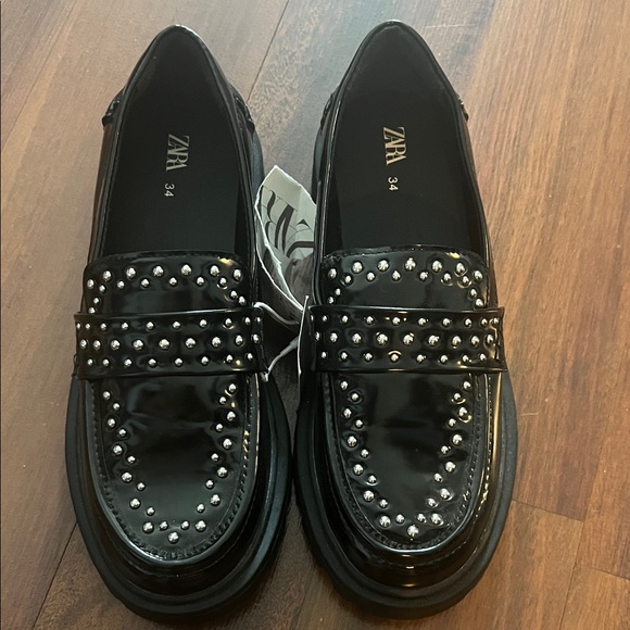 Zara Shiny Black Loafers with Silver Studs - Picture 1 of 1